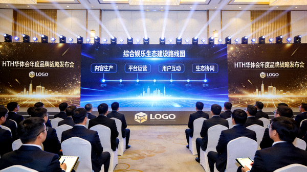 HTH华体会年度品牌战略发布会现场，展示综合娱乐生态建设路线图